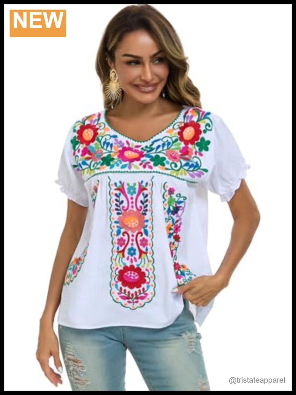 Women's Embroidered Peasant Blouse Summer Short Sleeve Floral Cotton Top